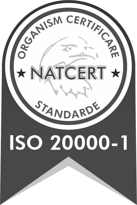 NATCERT certification badge with eagle graphic and text ISO 20000-1 standard.