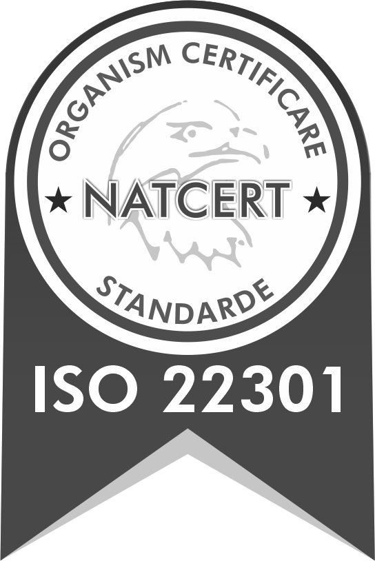 Black and white ISO 22301 certification badge with an eagle and NATCERT lettering.
