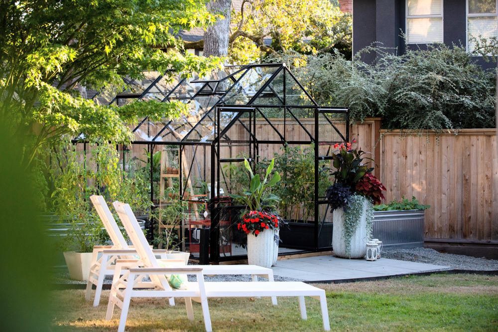 Garden with a glass greenhouse, lounge chairs and planters
