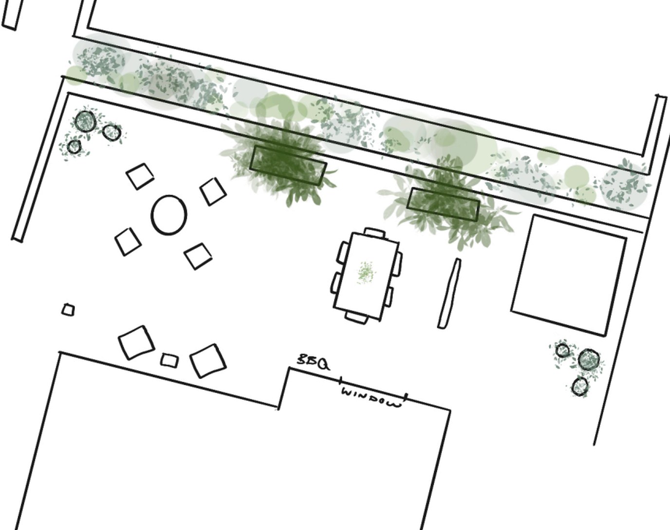 Hand-drawn ModPots planting plan for a residential patio, showing planting beds, statement planters and seating