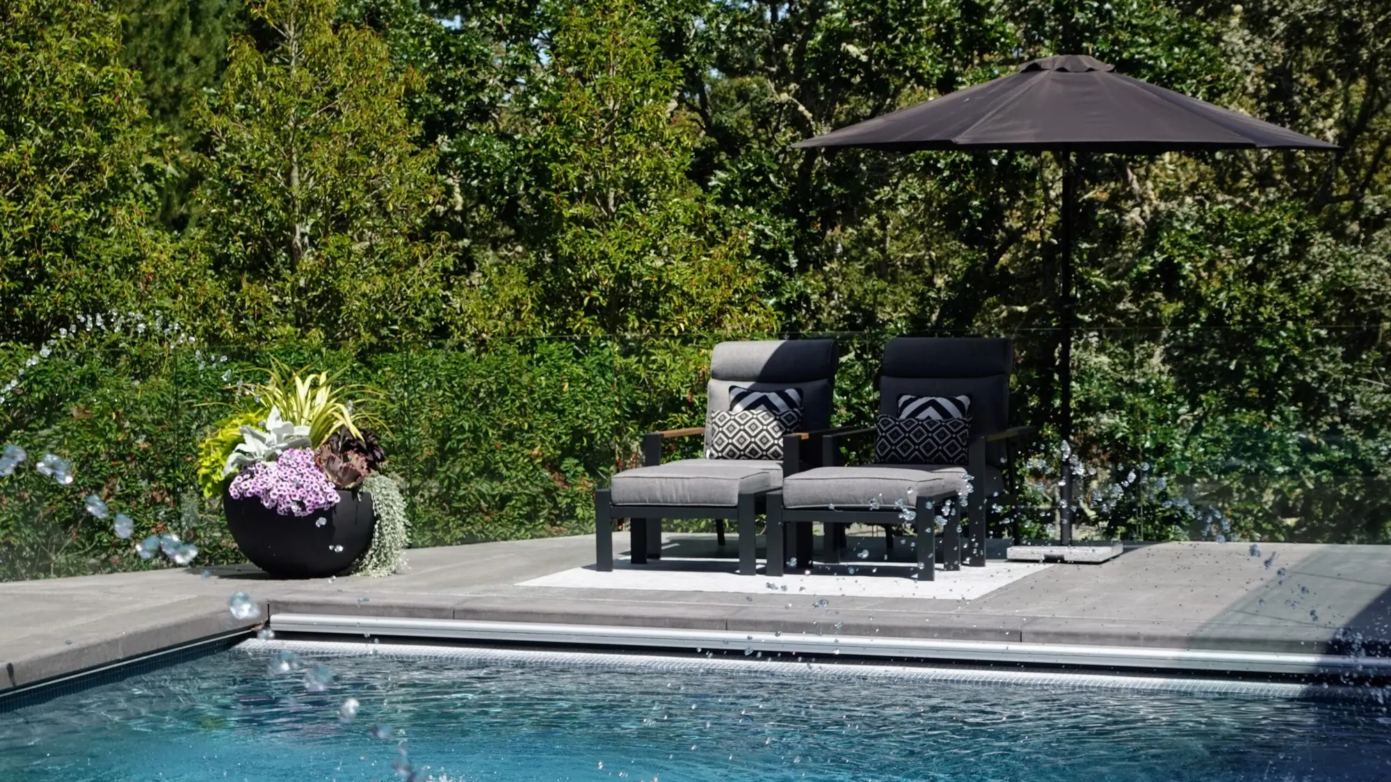 Poolside lounge seating and a black statement planter with trailing succulents at the Broadmead Residence