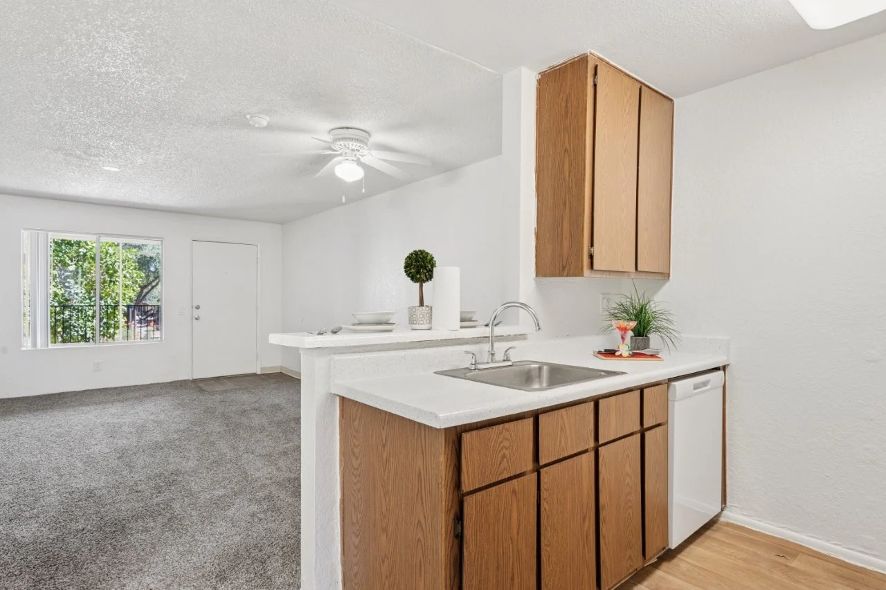 Kitchen with brown cabinets