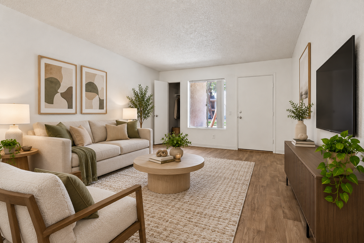 Living room area with front door and window