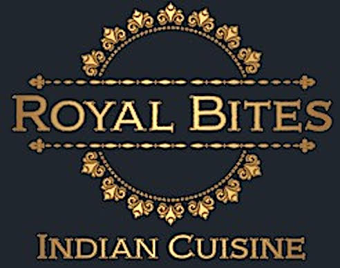 Royal Bites Indian Cuisine logo with gold ornamental design on black background.