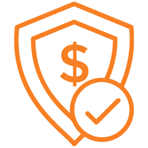 Orange shield with a dollar sign and a check mark indicating financial protection.