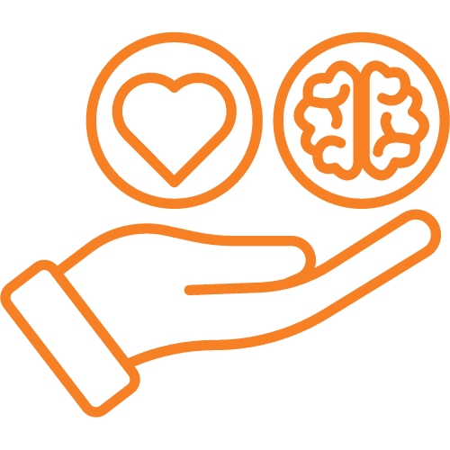 Orange line drawing of a hand holding icons of a heart and a brain, symbolizing health and wellness.