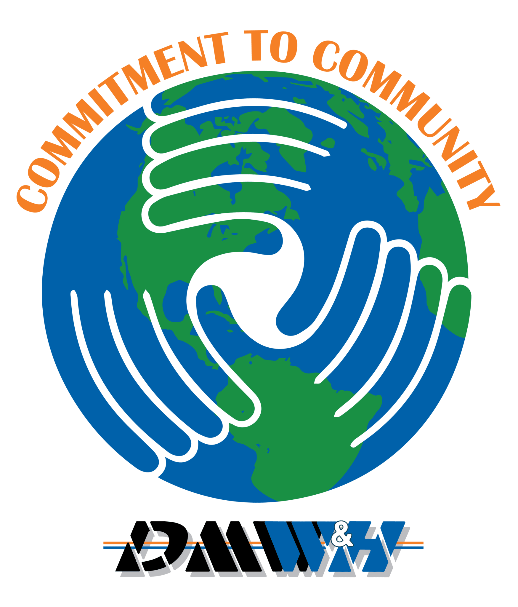 Logo with a globe, overlapping hands, and text Commitment to Community above and DAMW& below.