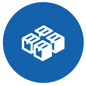 Four white stacked boxes icon on a blue circular background.