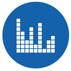 White bar chart icon with varying column heights inside a blue circle background.