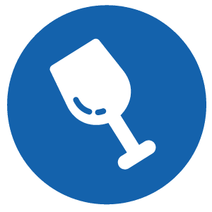 White wine glass tilted inside a blue circular background icon.