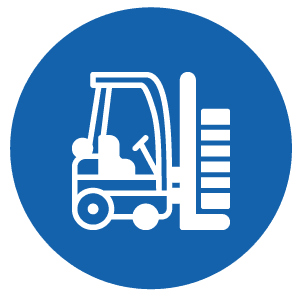 White forklift icon lifting stacked boxes inside blue circle background.