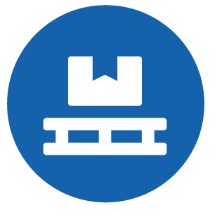 White pallet icon with a box on top inside a blue circle background.