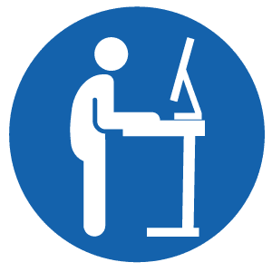 Icon of a person standing and working at a standing desk with a computer.