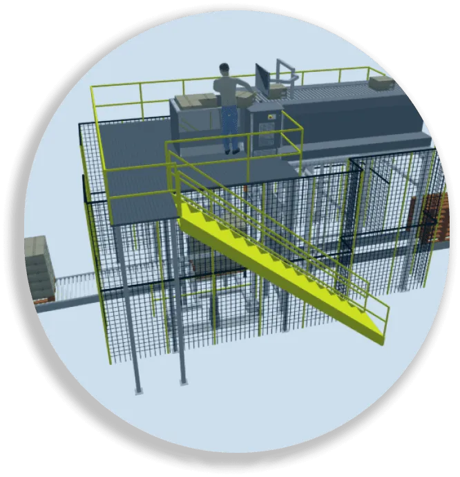 3D model of industrial machine with safety railing and stairs, operator at control panel.