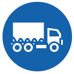 White garbage truck icon inside a solid blue circle background.