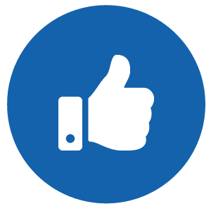 White thumbs-up icon inside a blue circle representing approval or like.