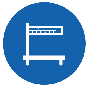 White icon of a horizontal caliper measuring tool on a blue circular background.