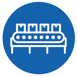 White conveyor belt carrying four boxes inside blue circular background.