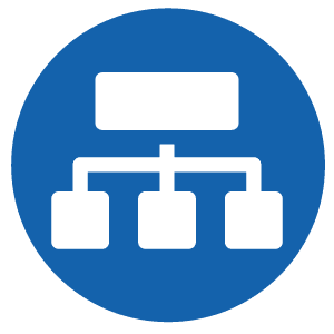 White flowchart icon with one top rectangle connected to three bottom squares on a blue circular background.