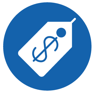 White price tag icon with dollar sign inside on a blue circular background.