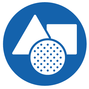 White triangle, square, and dotted circle shapes on a blue circular background.