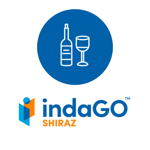 Blue circle with white wine bottle and glass icon above indaGO Shiraz logo.