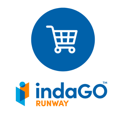 IndaGO Runway logo with a shopping cart icon inside a blue circle above the text.