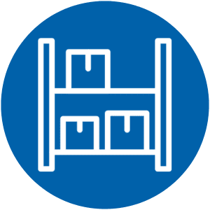 White icon of storage rack holding three boxes on a blue circular background.