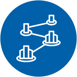 Icon showing connected bar chart columns in white on a blue circular background representing data flow.