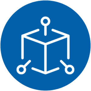 White 3D cube connected to three circular nodes on a blue circular background.