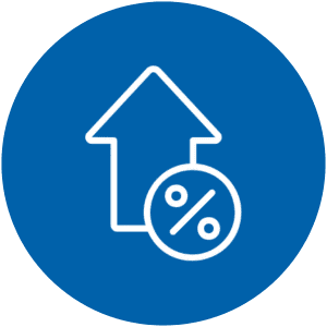 White upward arrow with percentage symbol inside a blue circle representing increase or growth.