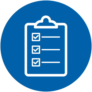 White clipboard icon with three checked boxes on a blue circular background.