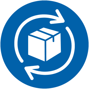 White package with circular arrows around it on a blue circle, symbolizing returns or exchange.