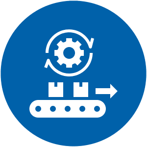 White icon of conveyor belt with boxes and gear with circular arrows on blue circle background.