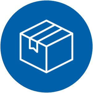 White outlined package box on blue circular background icon.