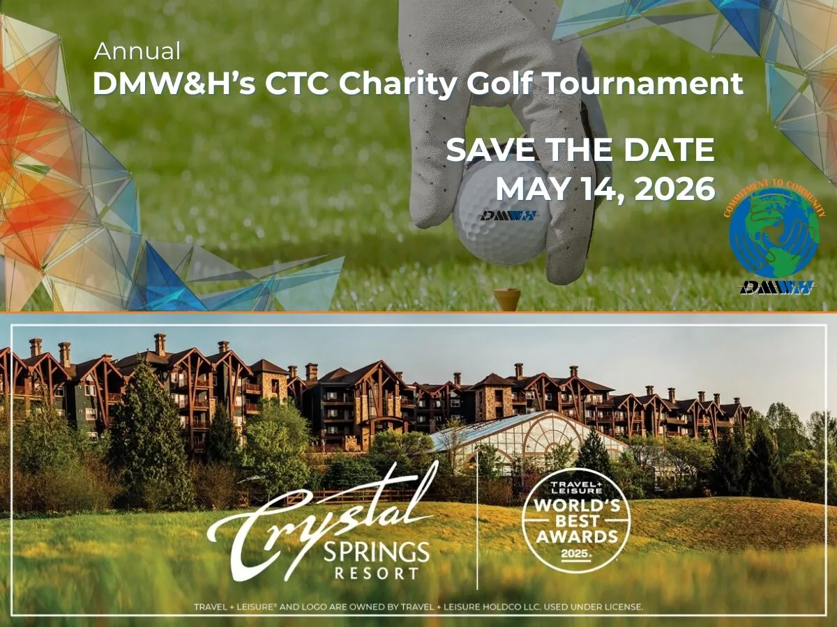 Golf ball held by a gloved hand above a tee on grass with text: Annual DMW&H's CTC Charity Golf Tournament May 14, 2026.