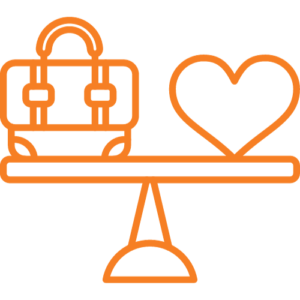 Orange icon of a balanced scale with a briefcase on one side and a heart on the other.