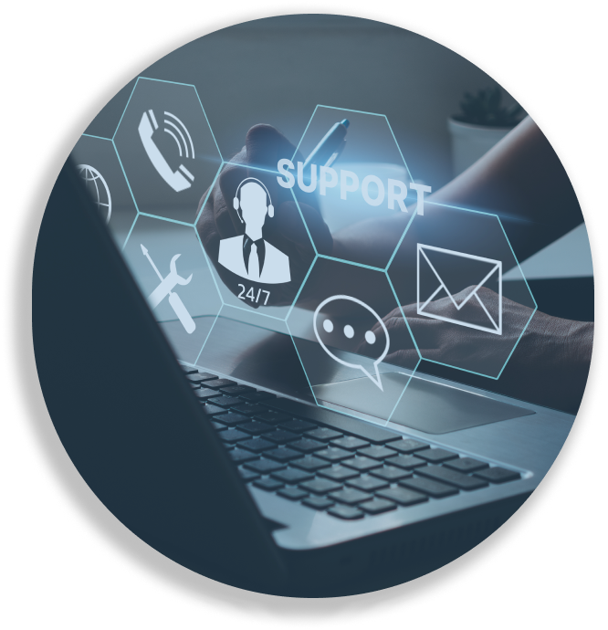 Hands using a laptop with support icons for call, 24/7 help, chat, and email floating above the keyboard.
