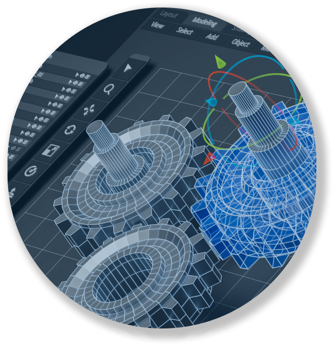 3D modeling software screen showing wireframe gears and tools for manipulation and selection.