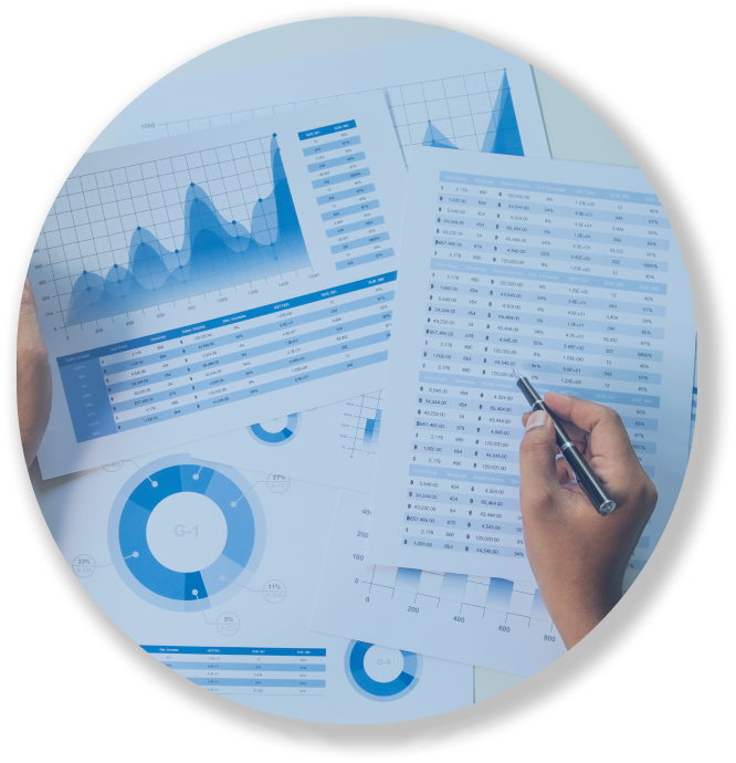 Person holding pen pointing at data sheet with tables, charts, and graphs in blue tones.