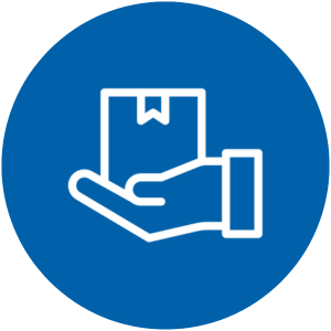 White hand holding a package icon inside a blue circle, symbolizing careful handling.