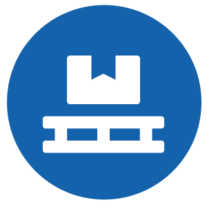 White package box on a pallet icon inside a blue circle background.