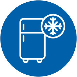 White freezer icon with snowflake symbol inside a blue circular background.