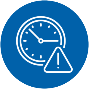 Clock showing 10:15 with a warning triangle and exclamation mark on blue background.