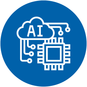 White AI cloud connected to a microchip on a blue circular background.