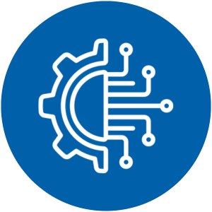 White gear and circuit lines icon representing robotics and technology on blue circle background.