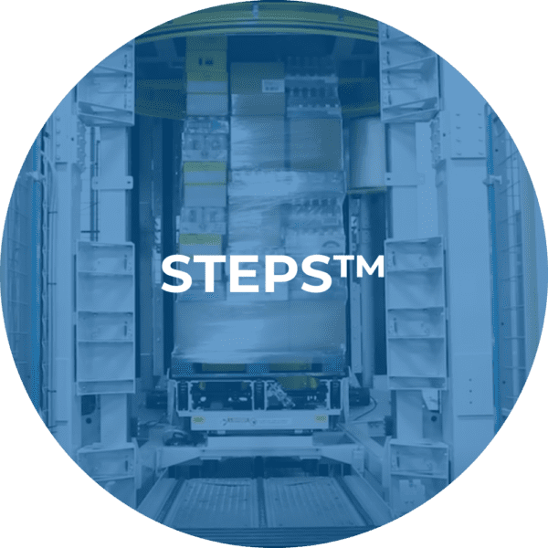 Automated pallet loaded with boxes inside a warehouse machine with STEPS™ text overlay.