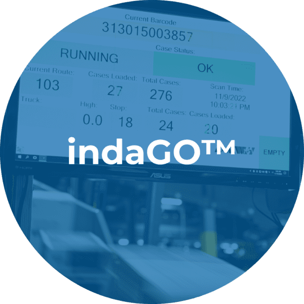 Computer screen showing logistics data including barcode, route, cases loaded, and scan time with indaGO logo overlay.