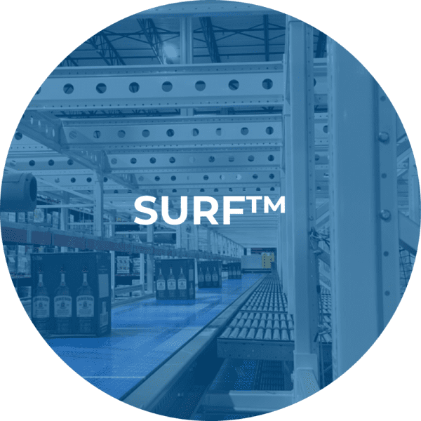 Conveyor system in a warehouse with boxes of bottles under metal beams, text SURF™ over image.