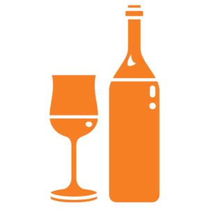 Orange icon of a wine bottle and a glass side by side.